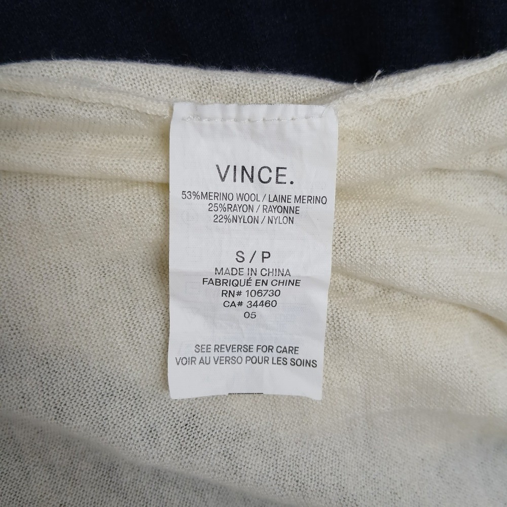Vince Navy Blue Cream Colorblock Merino Wool Blend V-Neck Sweater Small - Picture 3 of 5